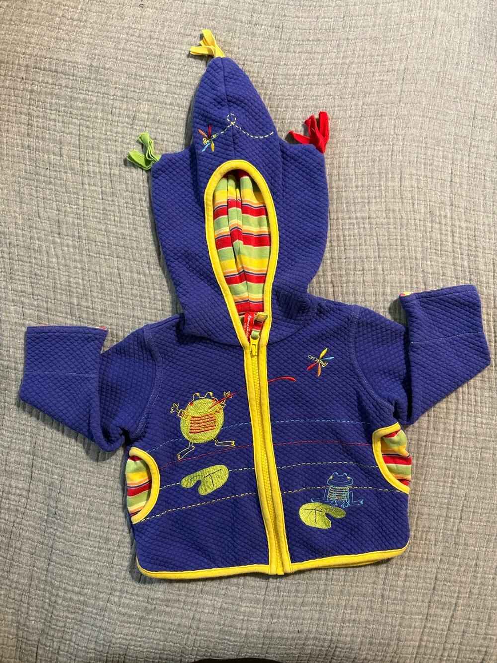 Hanna Andersson Vintage Sweater Hooded Full Zip Baby Size 6-12 Month Blue Frogs
